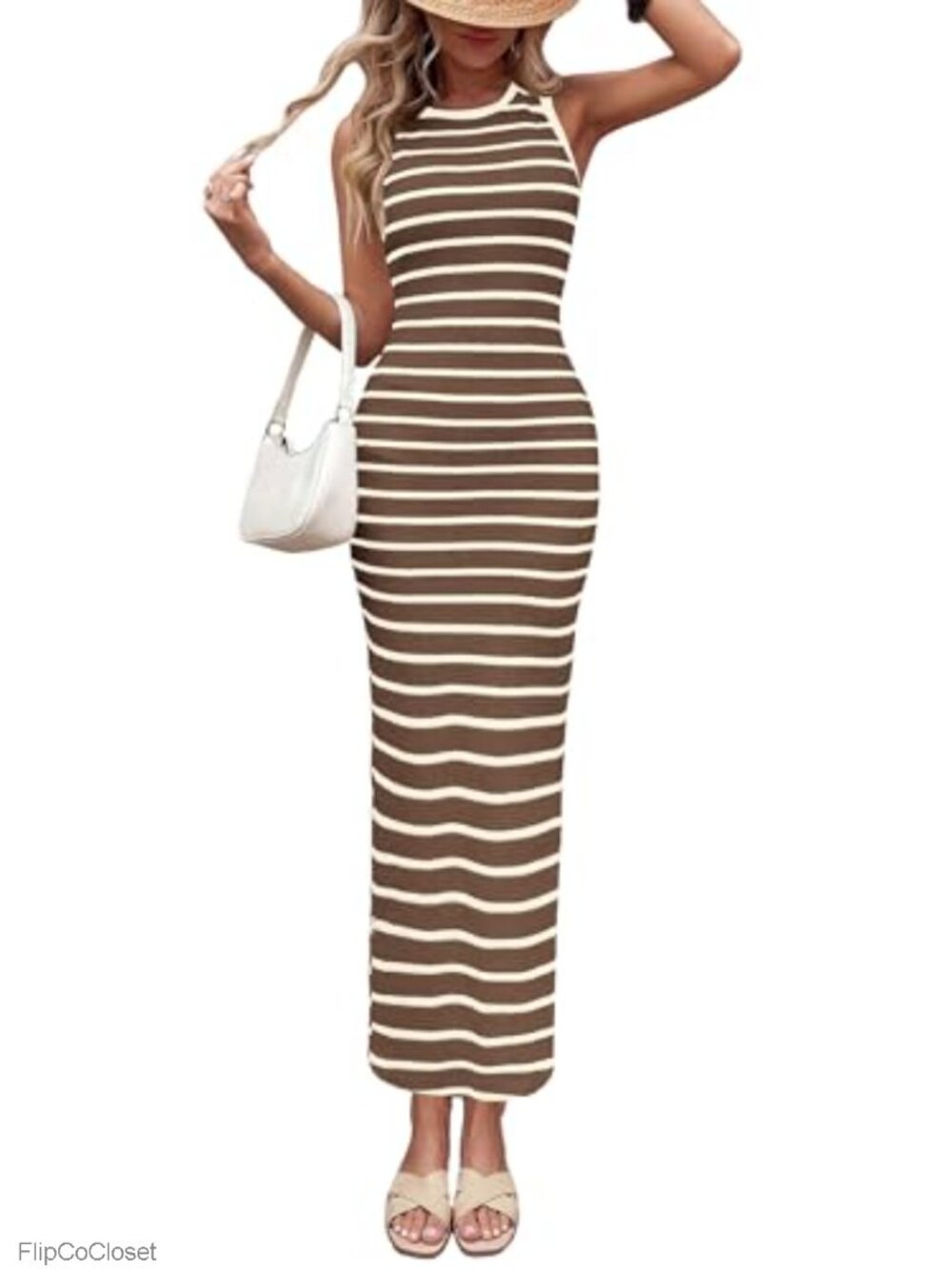 Striped Bodycon Maxi Dress Sleeveless Crew Neck Side Slit Knit